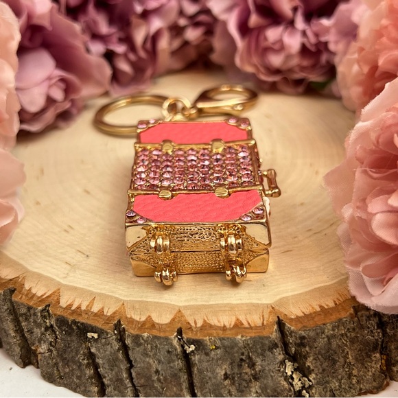 Pink & Gold Crystal Luggage Keychain Charm - Picture 12 of 16